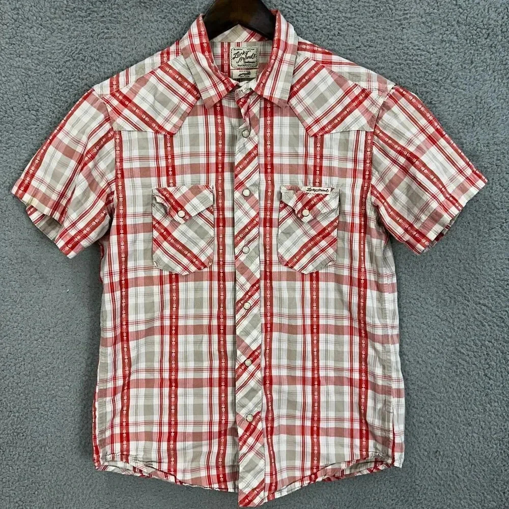 Lucky Brand Red and White Plaid Casual Button Down Shirt